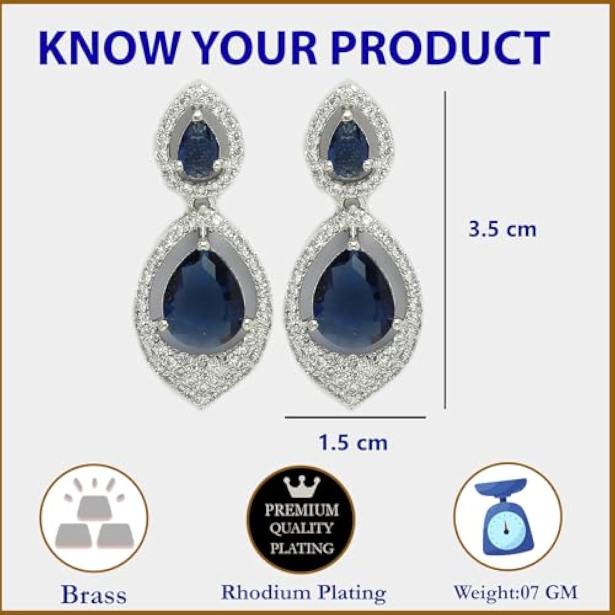 Rhodium-Plated Silver-Toned American Diamond Drop Earrings